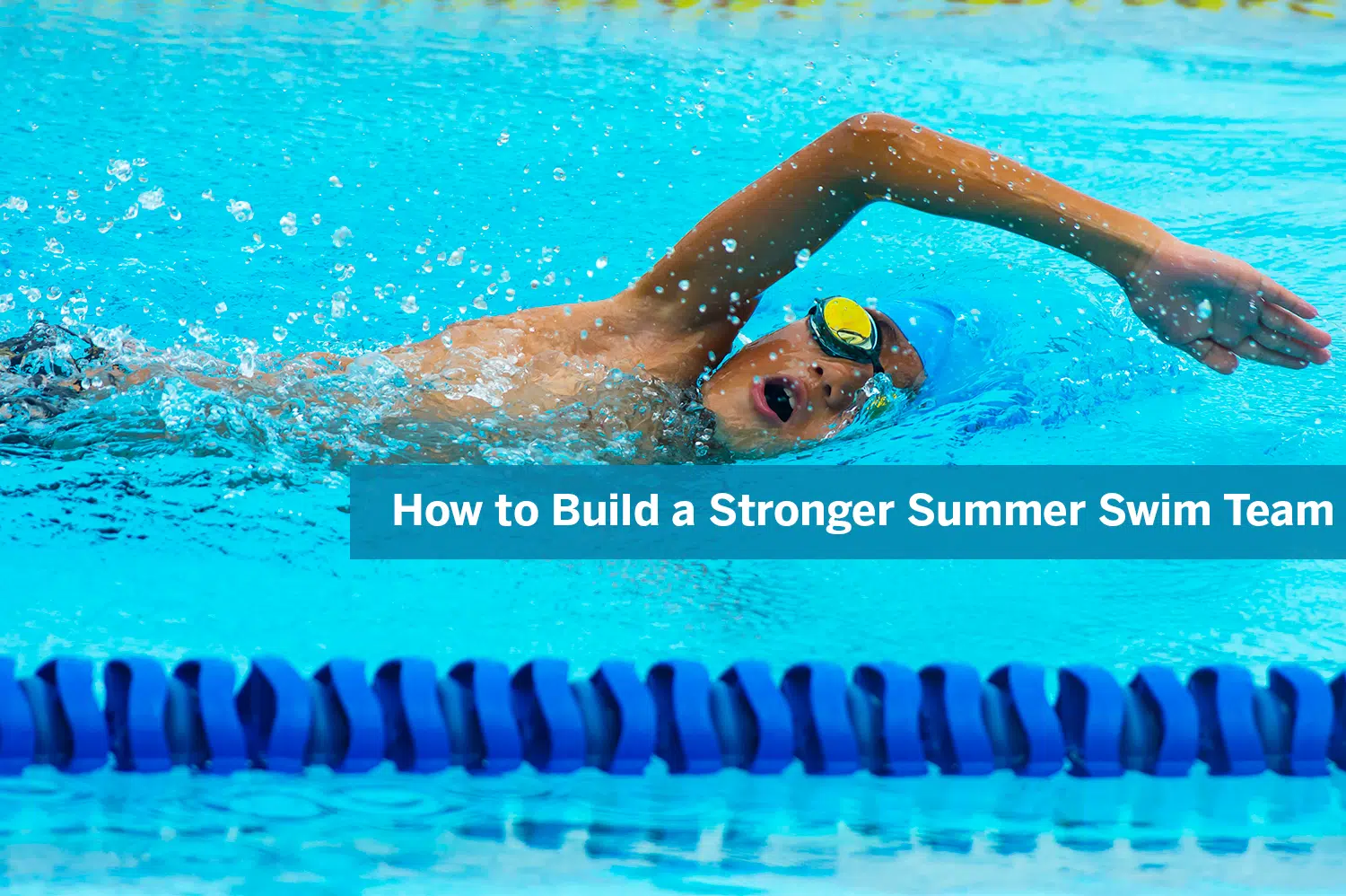 A boy with a cap and goggles on swimming in a pool as part of a summer swim team.